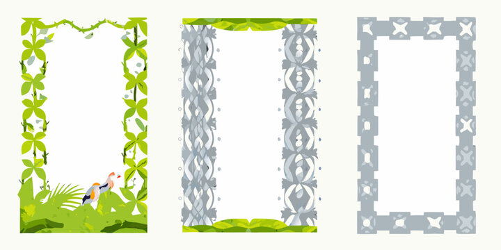 three decorative frames with tropical and geometric elements vector illustration
