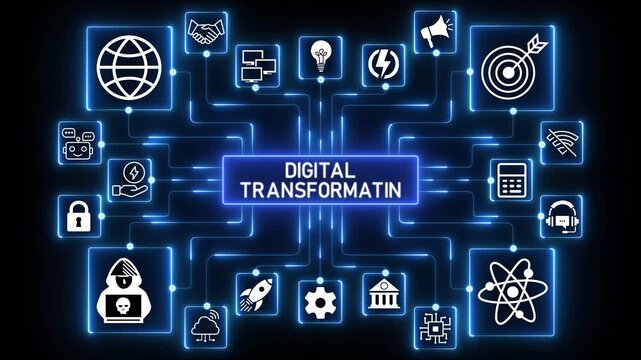 Concept of digitization of business processes and modern technology. Digital transformation.4K black background visuals.4k Animation.