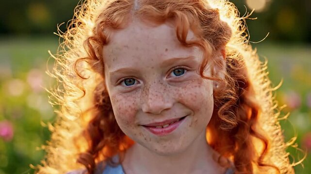 Portrait Of A Smiling Girl With Red Curly Hair And Freckles In A Flower Field During Golden Hour Sunset Backlit Warm Sun