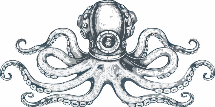 An octopus wearing a vintage diving helmet detailed ink sketch on a white background