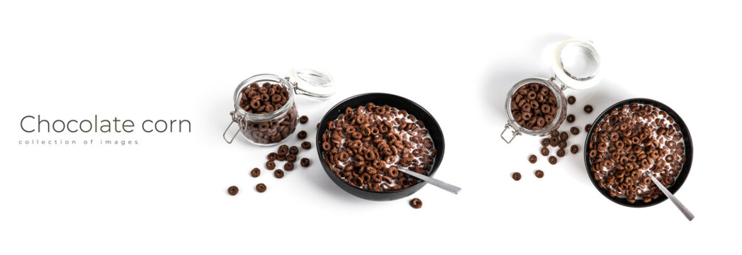 Chocolate corn rings with milk isolated on white background. Dry breakfast.