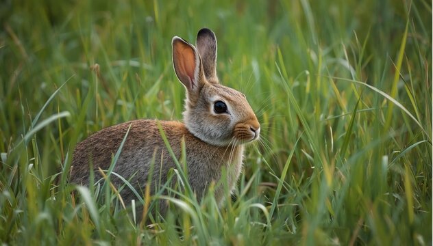 A small rabbit sitting in green grass in a natural environment
