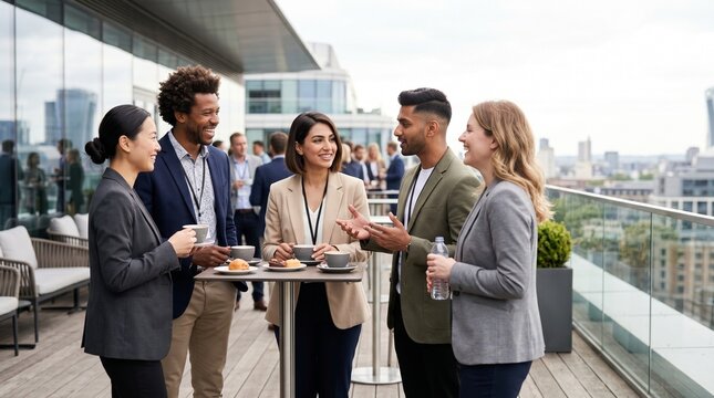 Diverse Multiethnic Professionals Networking on Modern Rooftop Terrace &mdash; Inclusive Business Coffee Break, Candid Collaboration, Contemporary Attire, Copy Space for Editorial Overlay