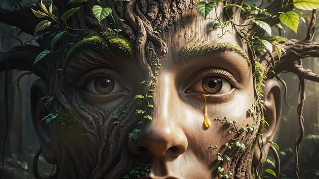 Mother Nature Tree Spirit Face Opening Eyes And Crying Golden Sap Tear In Sunlit Forest