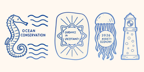 Line drawing illustrations of a seahorse abstract shape jellyfish and lighthouse on a beige background © PabanBiswas