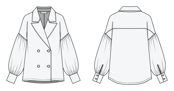 Doublebreasted blouse puff sleeves technical flat drawing for apparel design projects