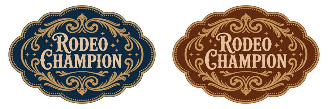 Rodeo champion cowboy label belt buckle bull rider medal ornate typographic emblem vintage western vector design for ranch branding, posters, apparel, and logo badges.