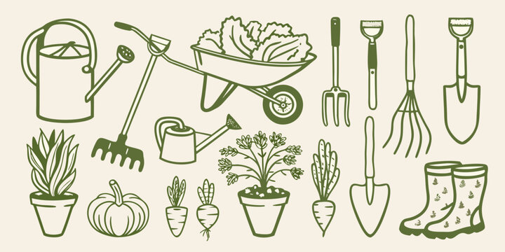 Gardening tools collection including watering can wheelbarrow and gardening implements hand drawn style high quality