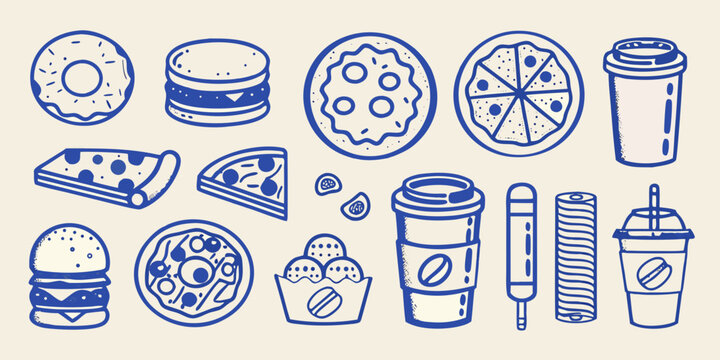 Hand drawn food doodles collection including pizza burgers donuts and coffee cups high quality professional