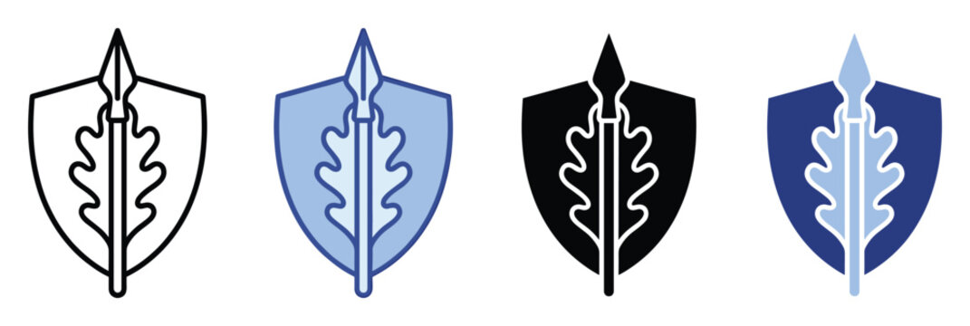 Shield and spear with oak leaf emblem icon set representing strength and protection for various media uses