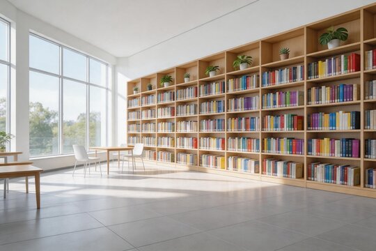 Modern library interior with bookshelves and seating