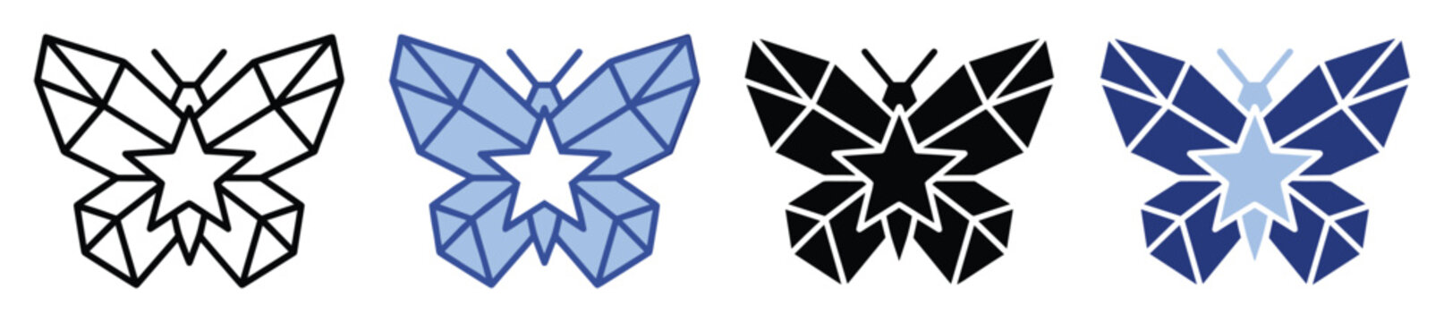Contemporary geometric butterfly icon set with faceted wings and central star motif for technology brand applications