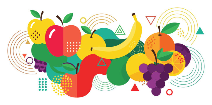 Abstract fresh fruit composition with apples banana oranges grapes for healthy lifestyle.