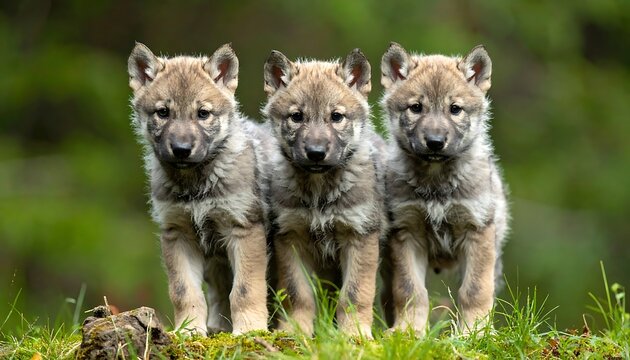 A photo of three adorable wolf pups standing together