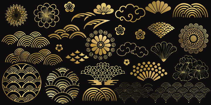 golden japanese wave and floral pattern collection on black