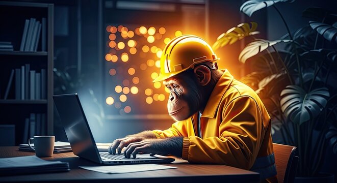 A focused monkey in a yellow hoodie works intently on a laptop at a desk in a dimly lit office with plants and a city view.