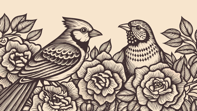Ink drawing of two birds perched among roses vintage style