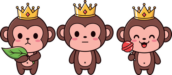 Cute monkey king characters set with crown holding leaf and candy in kawaii cartoon style isolated vector illustration © Rumi