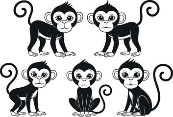 Cute monkey characters set in black and white with different poses and expressions isolated cartoon vector illustration collection © Rumi