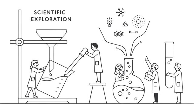 Scientists in lab coats working with various laboratory equipment and experiments