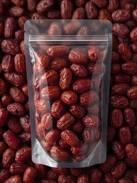 A visually rich flat lay featuring premium dried red dates (jujubes) elegantly presented in a clear, minimalist stand-up pouch.