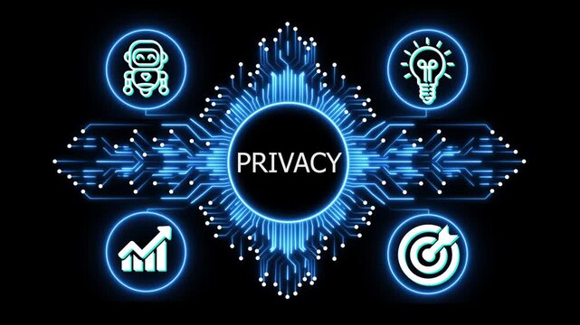 privacy logo on glowing circuit board network, connected business icons for finance, analytics, partnership, growth and innovation on black background
