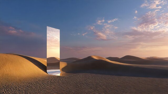 monumental reflective sculpture in desert landscape at sunset