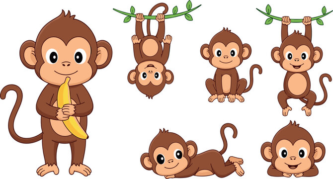 Cute monkey characters set with different poses including eating banana hanging sitting and lying isolated cartoon vector illustration