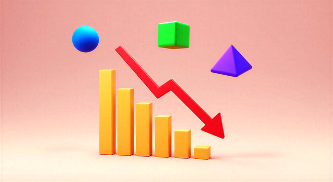 Colorful downward trend bar chart with geometric shapes illustrating financial decline and market decrease concept