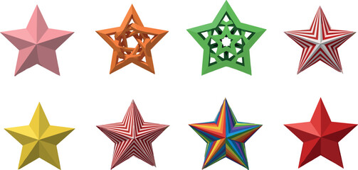 Obraz premium Colorful star shapes vector illustration set, geometric and abstract five point stars for decoration, design, branding, and festive creative projects
