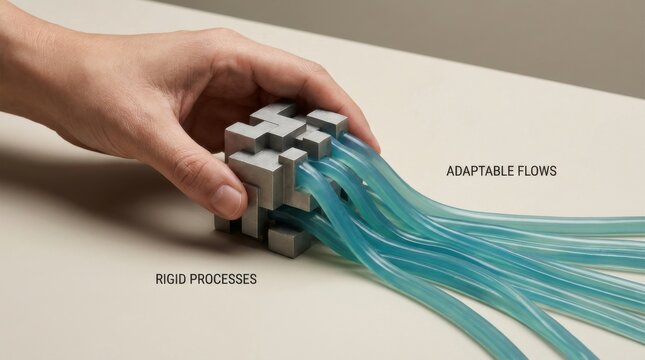 Individual's hand holding a blue and green colored string symbolizing adaptive workflow design and strategic planning concepts