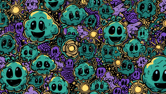 Doodle art pattern with cute cloud characters, hand drawn cartoon monsters in teal and purple, whimsical weather mascot wallpaper vector