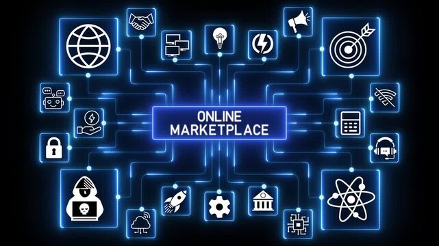 Online marketplace ecosystem illustrating buyer&ndash;seller interactions, product exchange flows and scalable digital commerce operations within a connected platform environment.4k Animation.