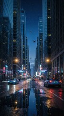 Naklejka premium rainy night cityscape with neon reflections and bustling urban traffic in downtown metropolis