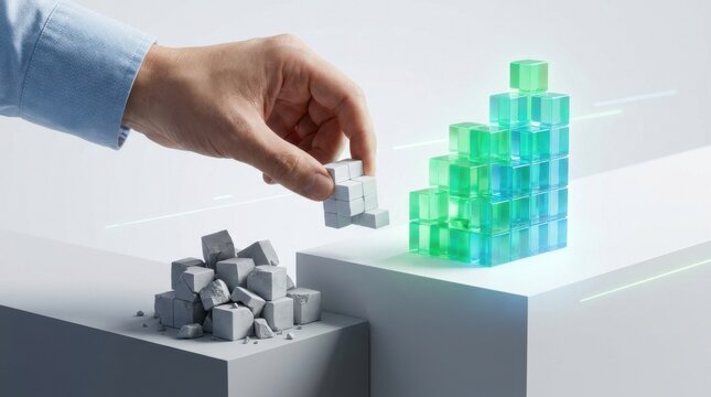 A person's hand reaching into a stack of cubes signifying investment reallocation shift concept in business strategy