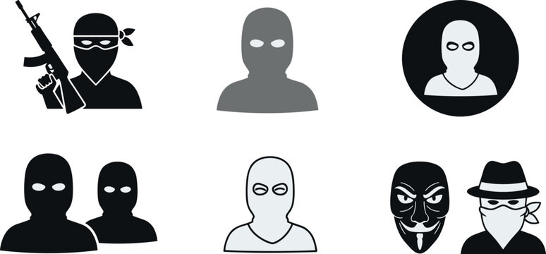 Masked criminal avatar vector illustration set, anonymous hacker and robber silhouettes with disguise and weapon for security, crime, and danger concepts