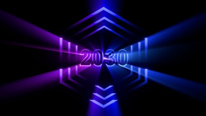 Obraz premium Futuristic 2030 Neon Glowing Background with Cyberpunk Hexagonal Geometry and Blue Pink Light Rays