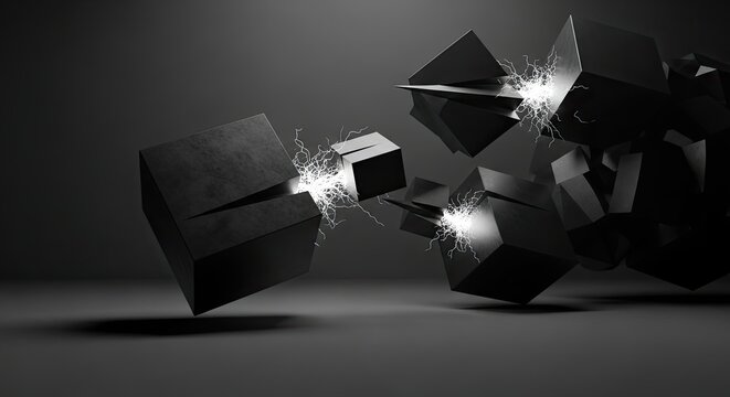 Black cubes with bright lights flying.