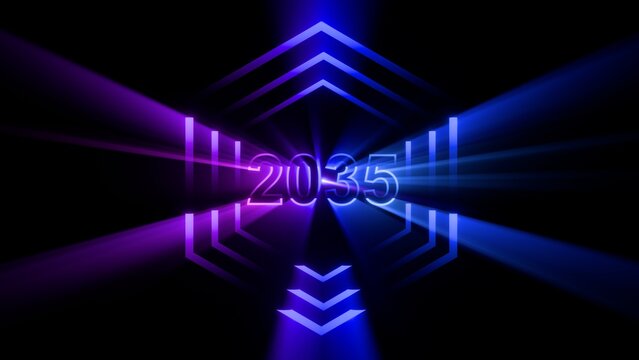 Futuristic 2035 Technology Concept with Glowing Neon Blue and Purple Geometric Hexagon Lines and Light Rays.
