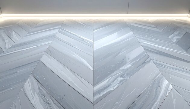 Modern grey marble floor with chevron pattern and elegant LED lighting