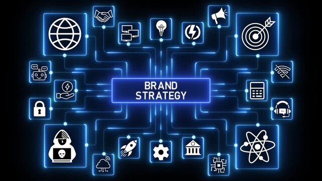 Brand strategy framework defining long-term positioning, competitive direction and strategic alignment across a digitally connected business landscape.4k Animation.