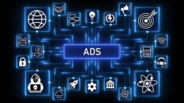 Digital advertising system illustrating automated content delivery, targeting logic and performance signals within a connected media technology environment.4k Animation.