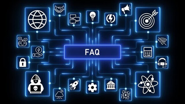 Centralized FAQ hub presenting quick answers, guided support and structured knowledge access within a digitally connected information environment.4k Animation.