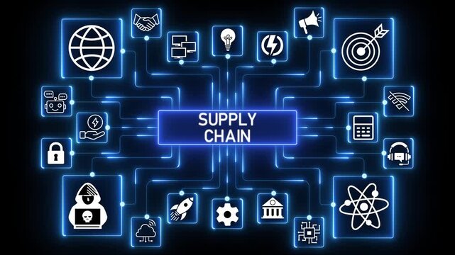 Supply chain dynamics showing interconnected stages of sourcing, movement and coordination across a digitally driven logistics ecosystem.4k Animation.