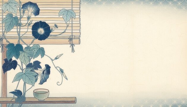 Japanese summer background with morning glories, a bamboo blind, and a tea bowl