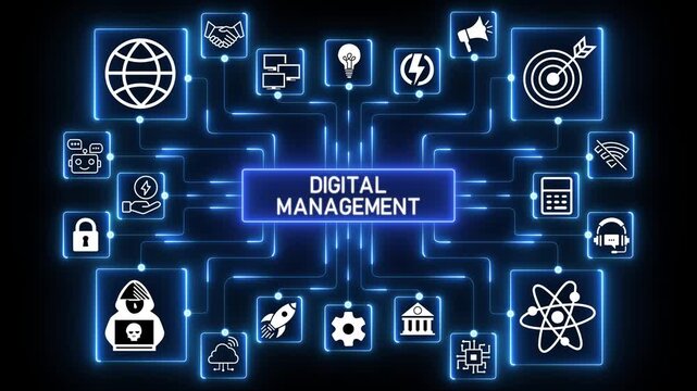 Digital marketing ecosystem illustrating multi-channel outreach, audience engagement and performance-driven growth through interconnected media touchpoints on dark background.4k Animation.
