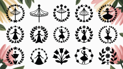 Vintage silhouette graphic design elements with floral patterns and ballerina illustrations on white background © SingaGPS