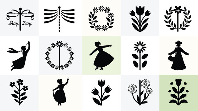 May day celebration graphics featuring floral wreaths dancing women and spring flowers in black silhouette on white and green backgrounds