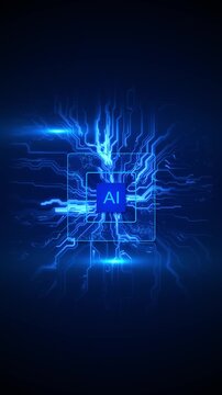 Artificial intelligence processor backdrop blue neon circuits, central chip, electric connections, clean dark depth. neural network explainers, software promos, computing intros, innovation