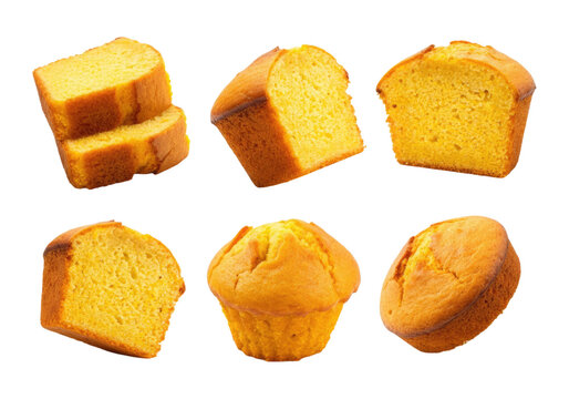 Golden cornbread and corn muffin assortment shown as sliced loaf pieces and whole muffins on a transparent background